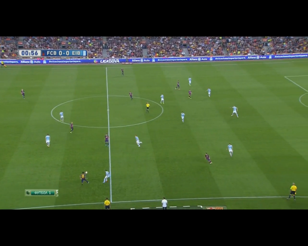 Eibar's nearside wingback pressing high and forming a situational 4-4-2.