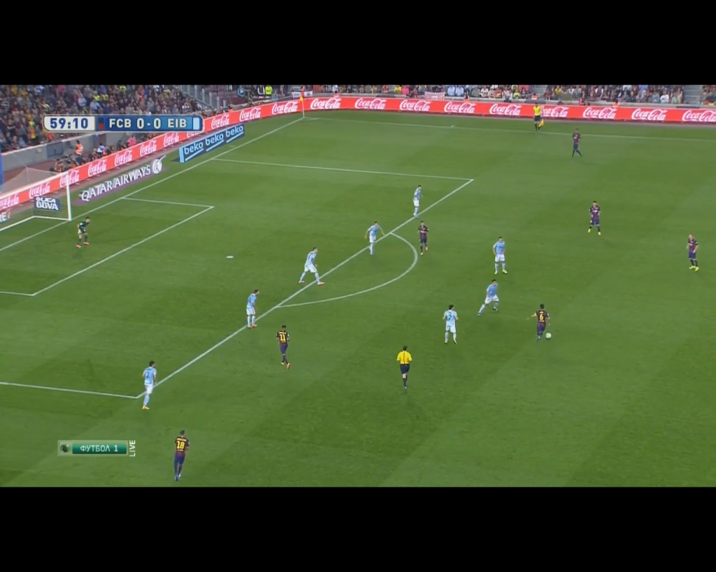 Xavi's pass to the free Messi in halfspace before his diagonal run and chipped goal.