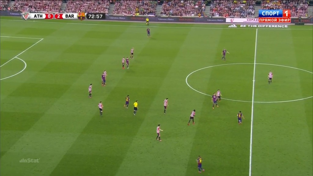 The situation leading up to the third goal. Xavi manipulating the Athletic defense.